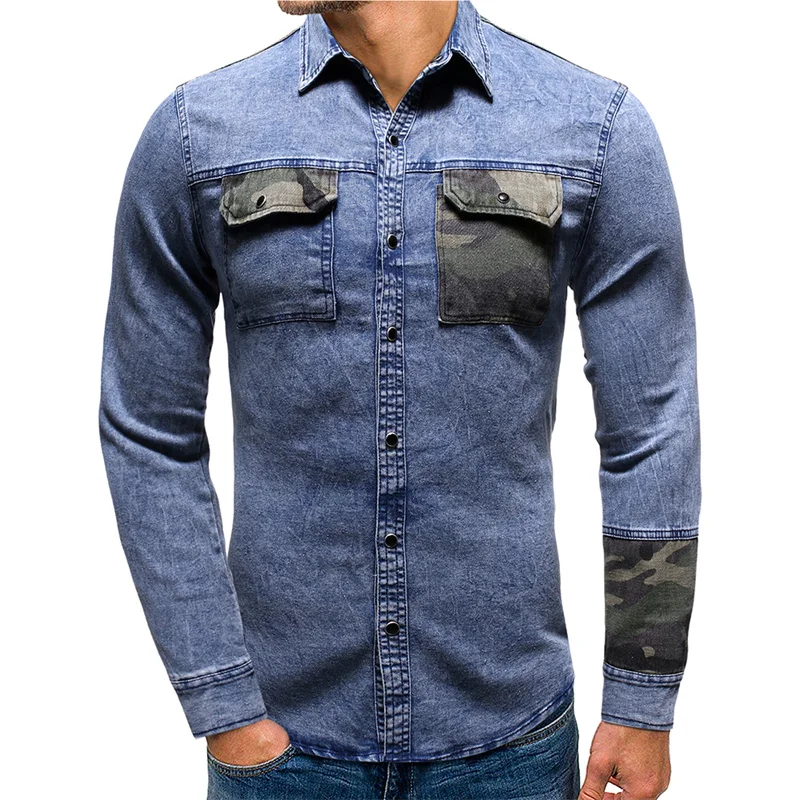 Camouflage Denim Shirt Men outdoor leisure Cotton Overshirt male Slim Long Sleeve cowboy Stylish retro Washed Cowboy Shirts Top