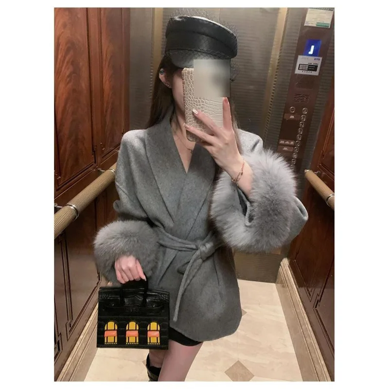 New Haining Double Sided Coat Women's Fox Fur Grass High End Style Charm Women's Cloak Double Sided Woolen Coat