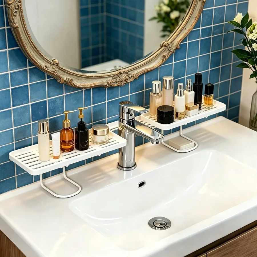 Bohrfreier Spülbecken-Organizer – Freistehendes Kohlenstoffstahl-Ablageregal für Armaturen, Platzsparender Badezimmer-Arbeitsplatten-Organizer – Detail 5