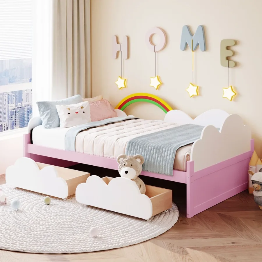 

Twin Size Bed with Clouds and Rainbow Dr