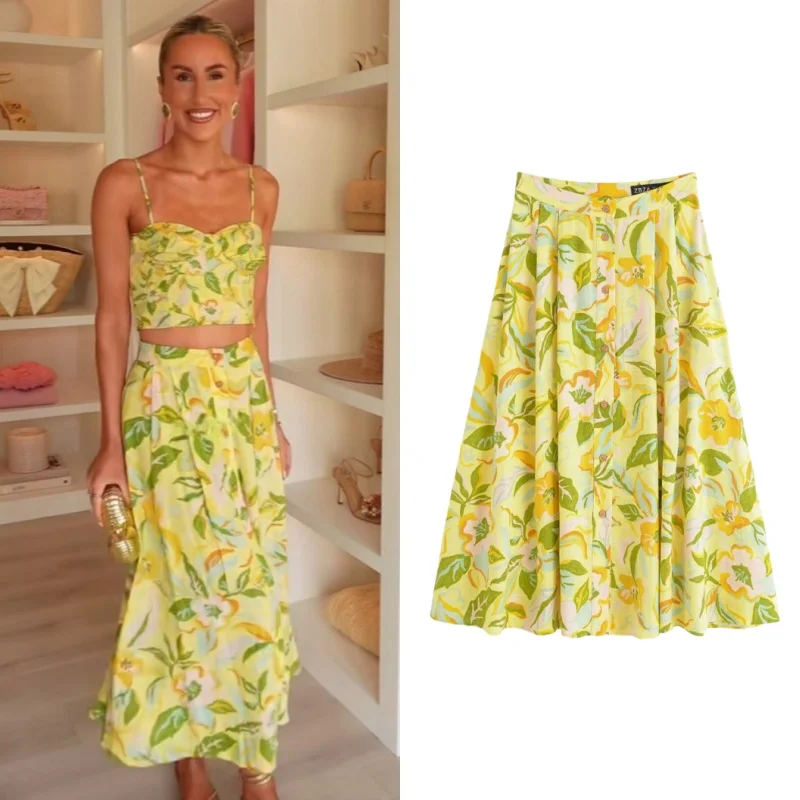 

2025 Sexy Printing Yellow Half Skirts Slits Folds Pocket Button Loose Skirts Designed For The Summer Woman