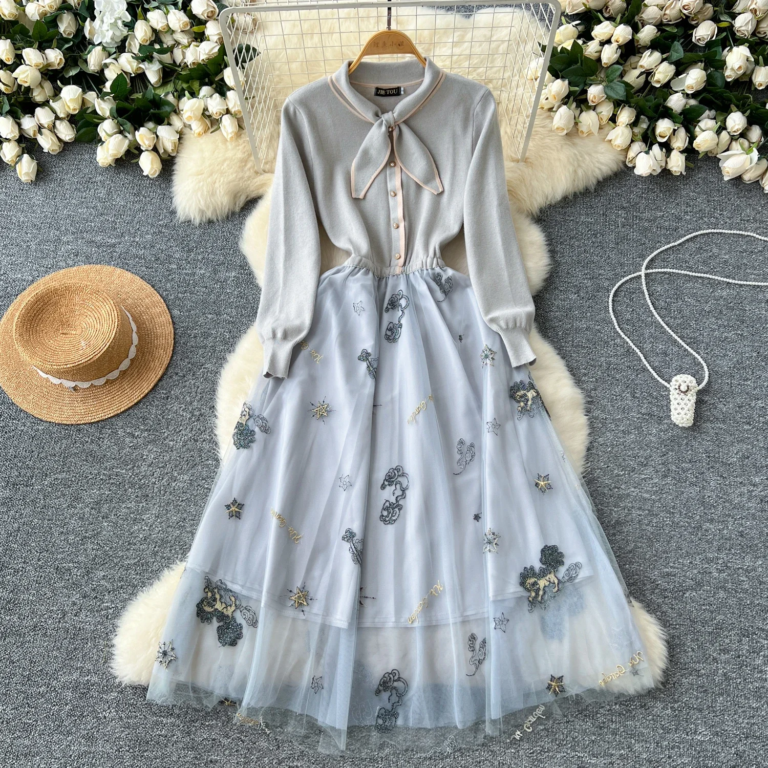 Chic Turn-down Collar Knit Elegant Embroidered Mesh Spliced Fairycore Dress High Street Women Vintage Korean Autumn Clothing