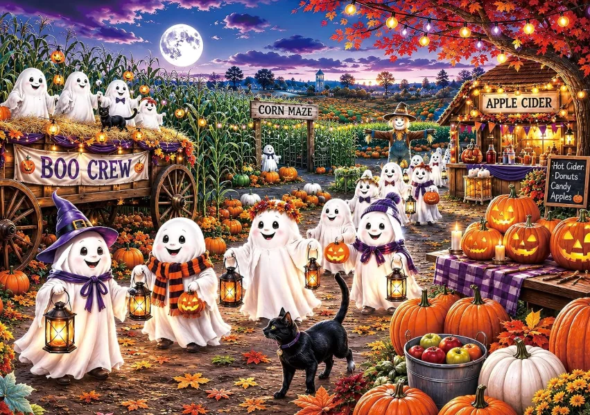 Jigsaw Puzzle 500/1000/1200/2000PCS Cute Ghost Harvest Party Apple Cider Stand Fall Maple Leaves Leisure Puzzle Home Art
