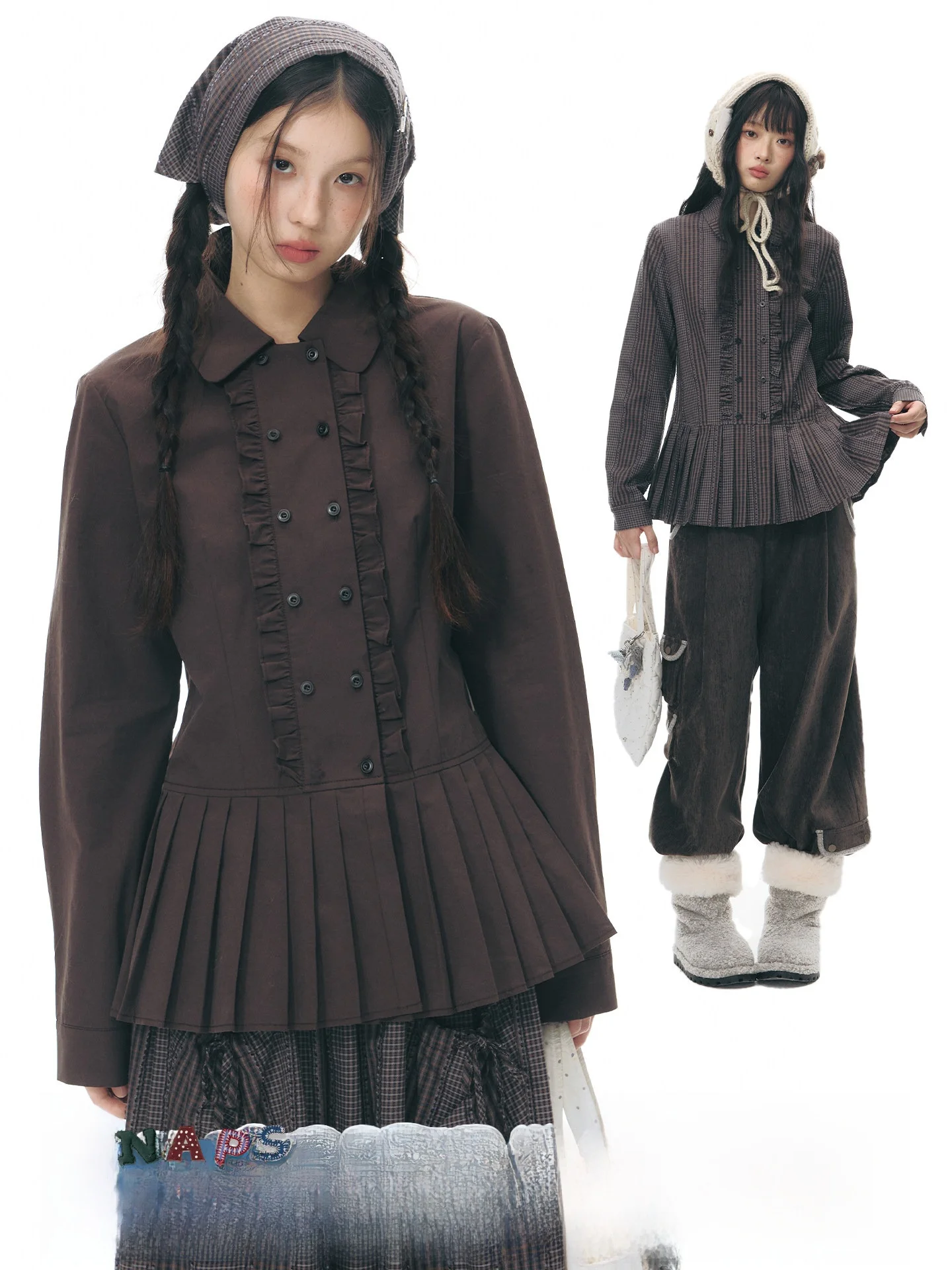 

Оригинальное деревянное украшение для воротника NAPSNAPS, женское, весеннее, в клетку, с завязками на талии, с длинными рукавами, из чистого хлопка, для девочек