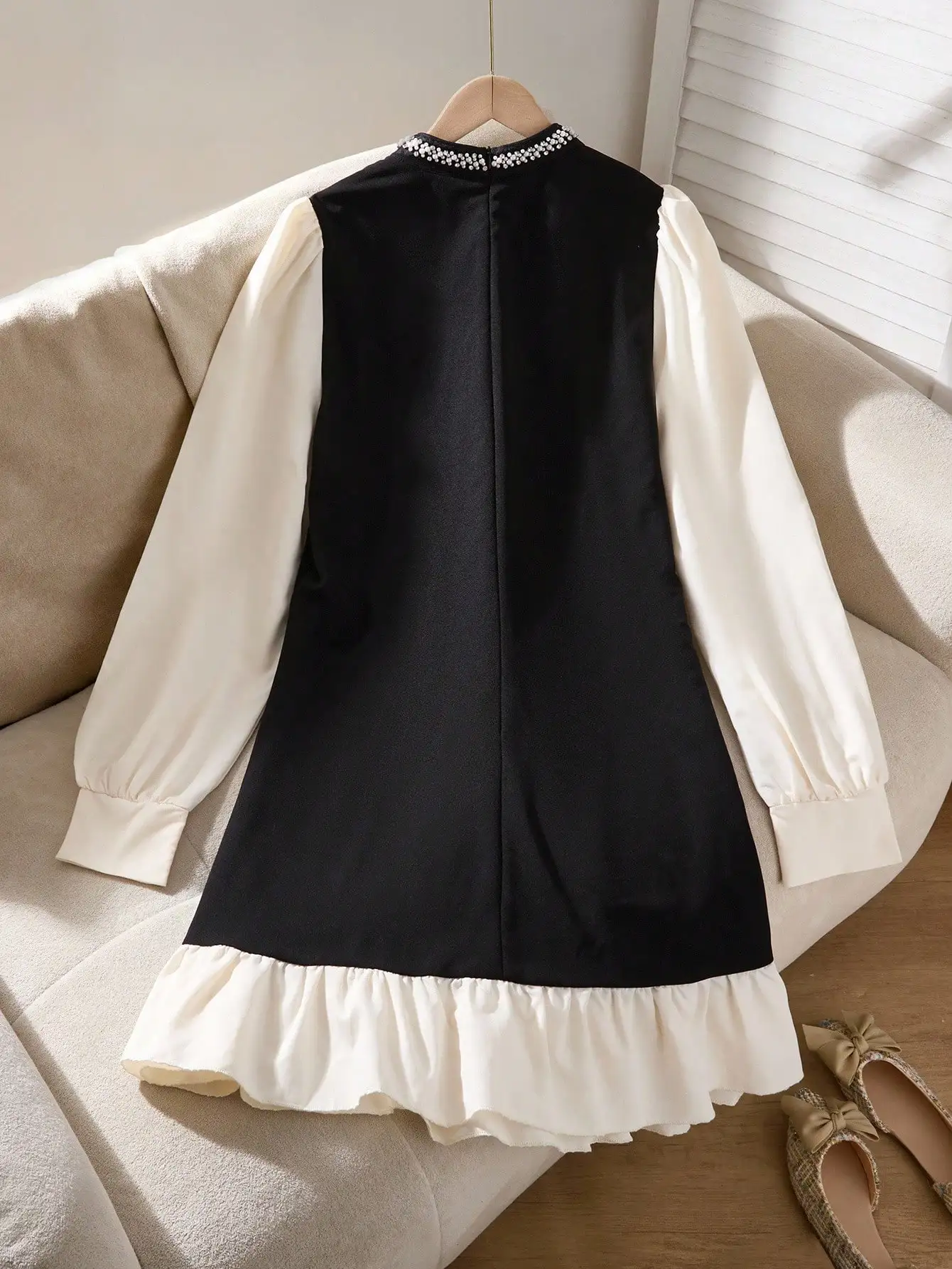 Black & Cream Color Block Dress with Pearl Studs, Bow Neck and Ruffle Hem