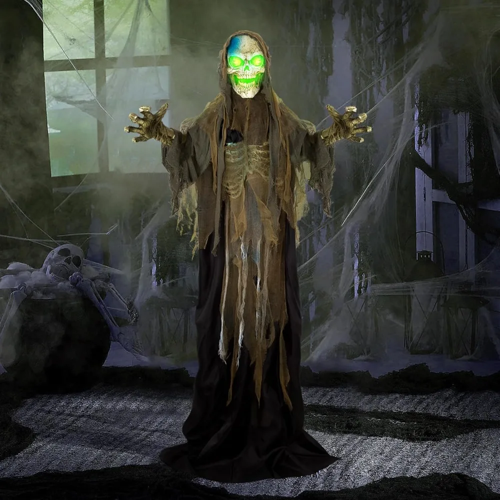Life-Size 72 Standing Skeleton Animatronic with Sound, Touch-Activated Light-Up Eyes, and Motion for Halloween Decorations