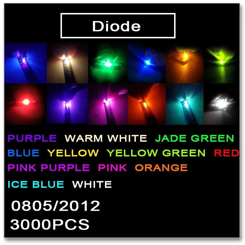JASNPROSMA 0805 2012 SMD LED 3000PCS Red Orange Yellow Green Jade green ice Blue White Warm white Pink Purple light 1.4*1.25