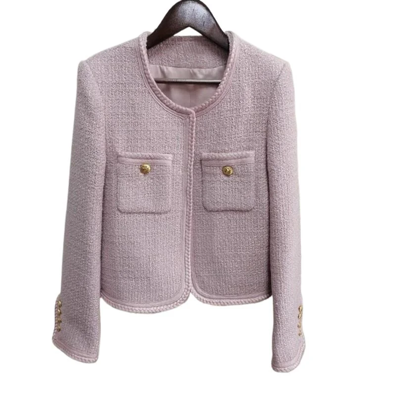 Jaqueta feminina de tweed rosa, jaqueta de lã com gola redonda curta, estilo fragrância pequena, roupas de outono e inverno