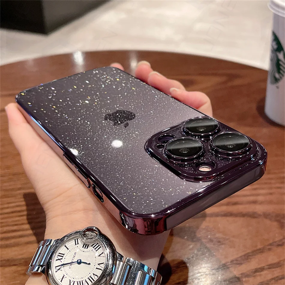 حافظة رفيعة شفافة لامعة فاخرة لهاتف آيفون 12 13 14 Plus 15 16 17 Pro Max 17p مطلية بالذهب غطاء صلب للكمبيوتر الشخصي