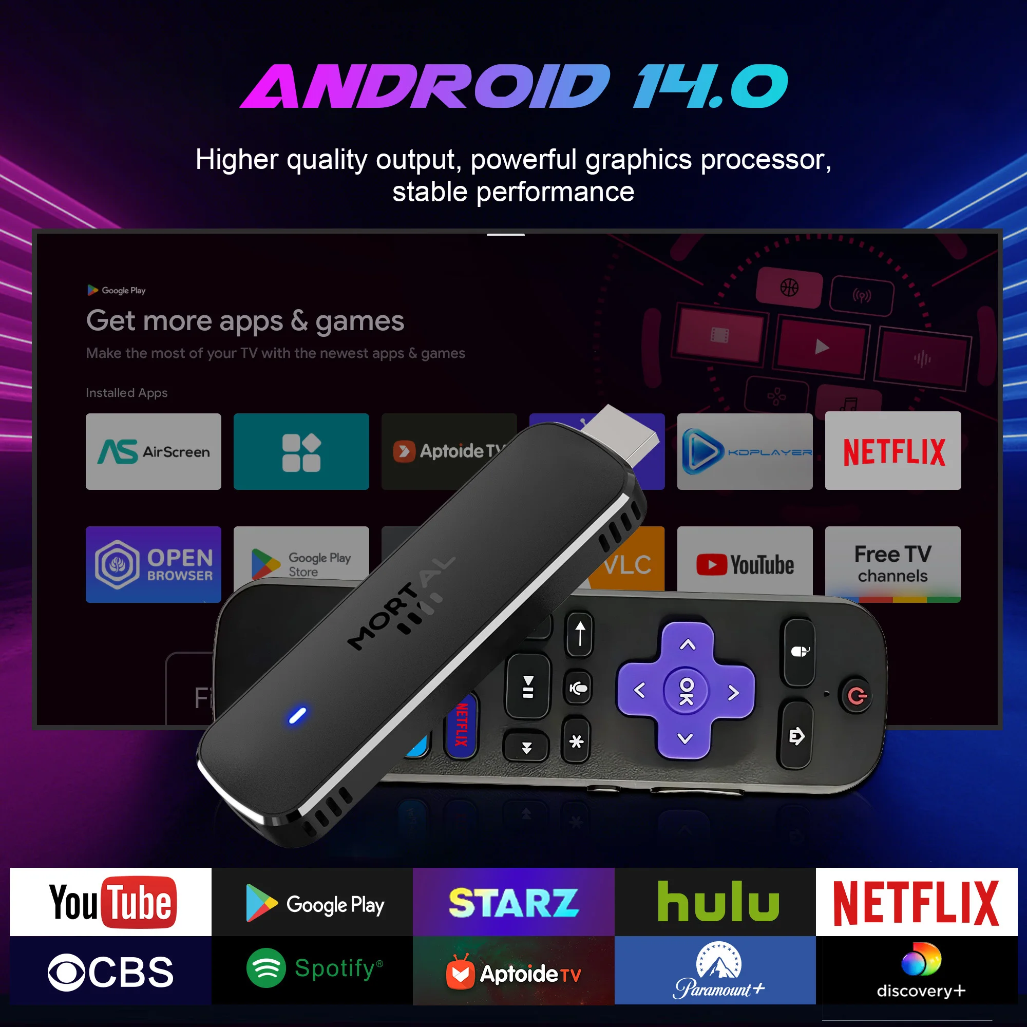 عصا التلفزيون Mortal Q8 Ultra Home Theater Live TV Stick، واي فاي 6، التحكم الصوتي 4K UHD Android 14 Allwinner H313 Chromecast