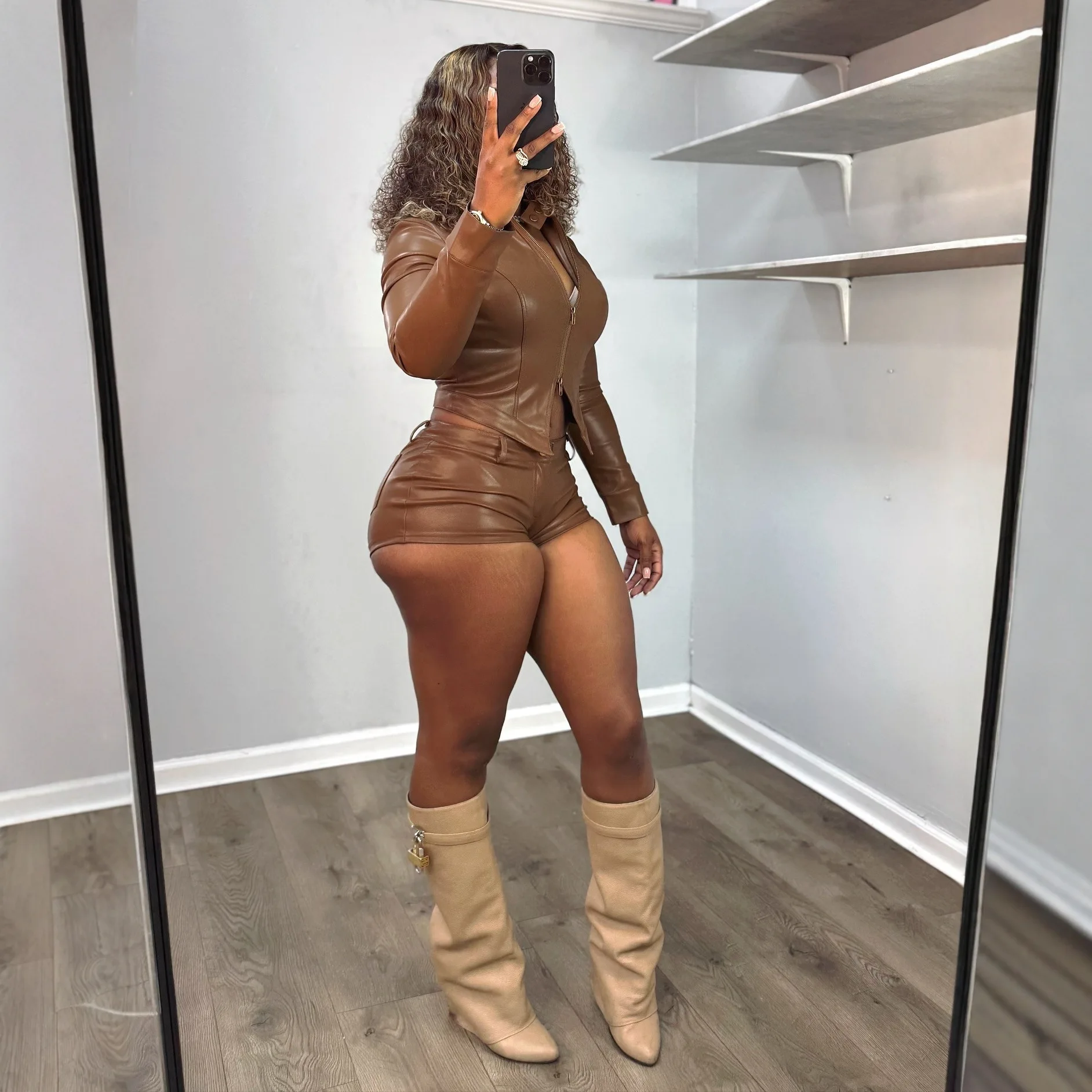 Pant Set Women Faux Leather 2 Piece Sets Stand Neck Full Sleeve Top Short Pants Zipper Slim Fit Y2k Streetwear Motorcycle Sexy
