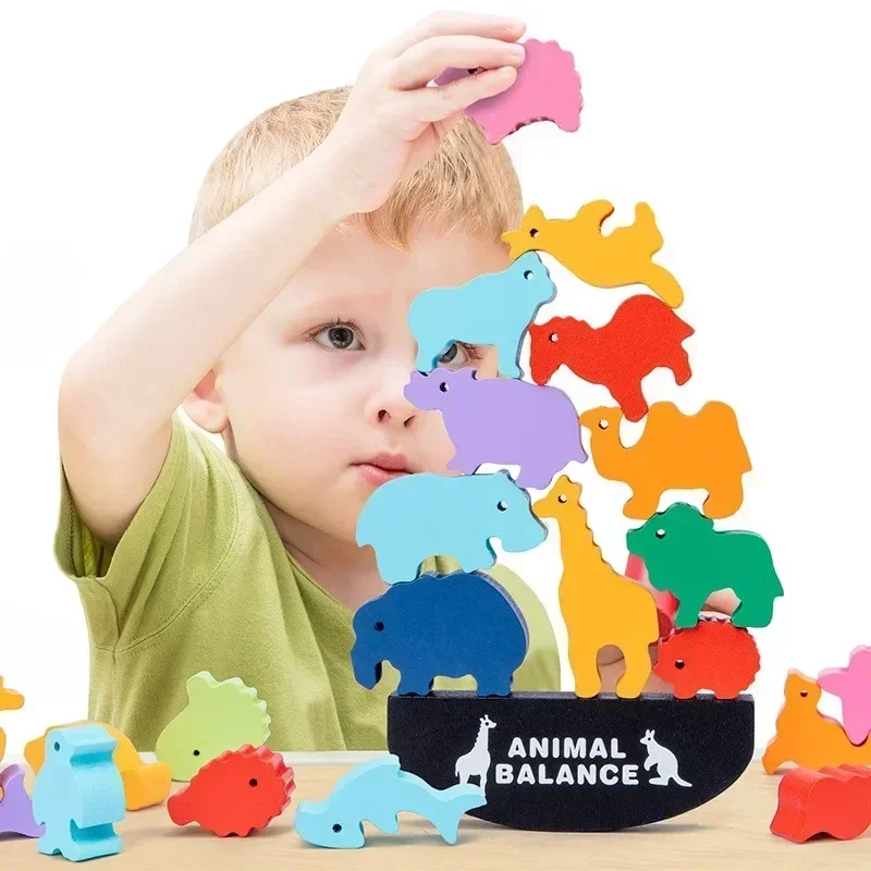 Dinosaurio apilado juguetes de madera bloque de equilibrio juego a juego pensamiento lógico entrenamiento de Motor fino juguetes educativos Montessori para niños