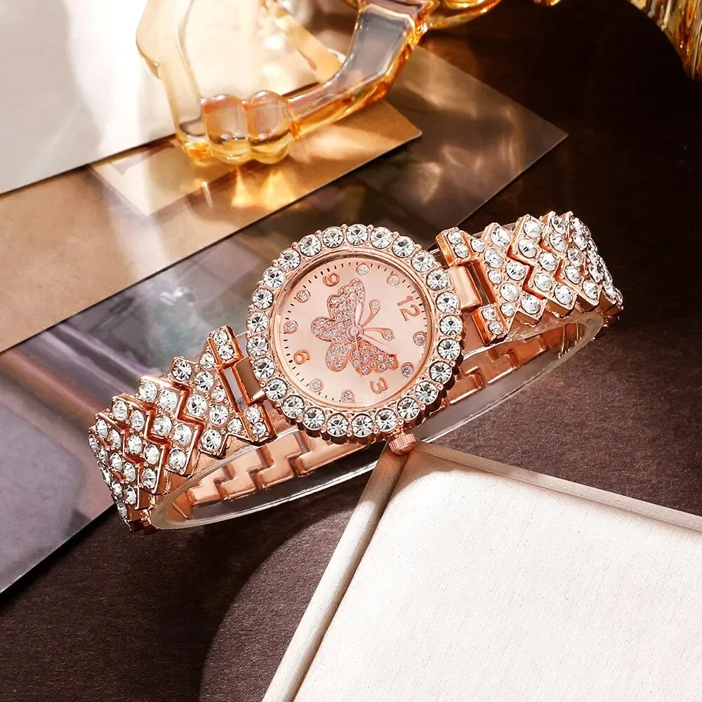 6 Piece Jewelry Set Rose Gold Luxury Watches Women Rings Necklace Earrings Rhinestone Fashion Watches Casual Women Watches