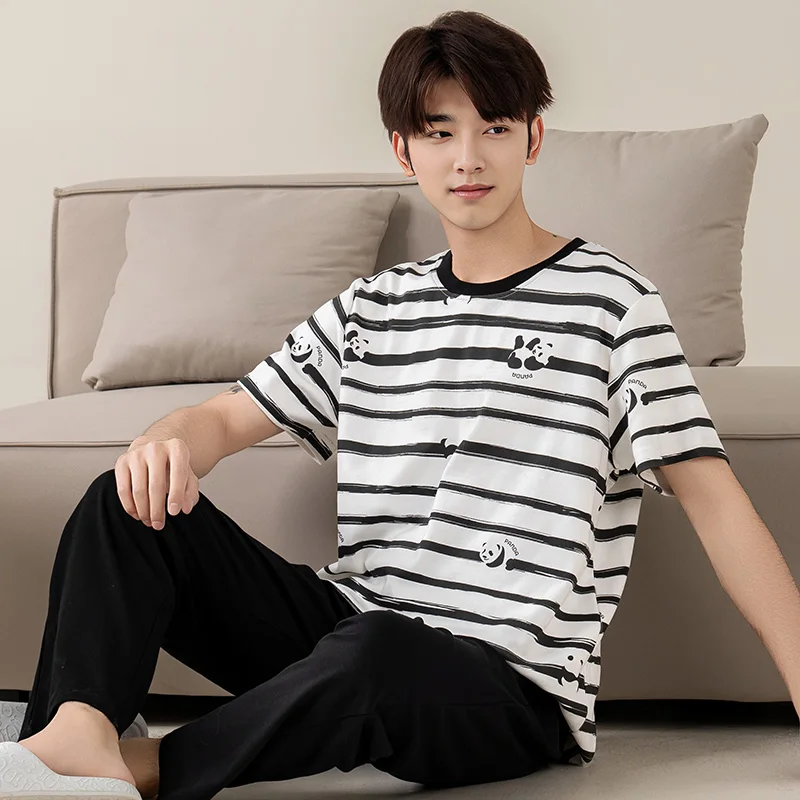 Korean Fashion Men's Cotton Nightwear for Summer O Neck Long Pants Short Sleeves Pajamas Set Big Size L-5XL Casual Pjs Pyjamas