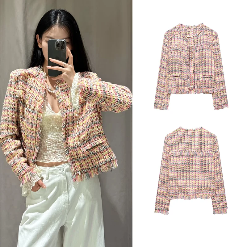 Ladies Pink Yellow Mixed Tweed Crop Coat Raw Edge Fringe Long Sleeve Jacket For Dating Weekend Shopping Outfit