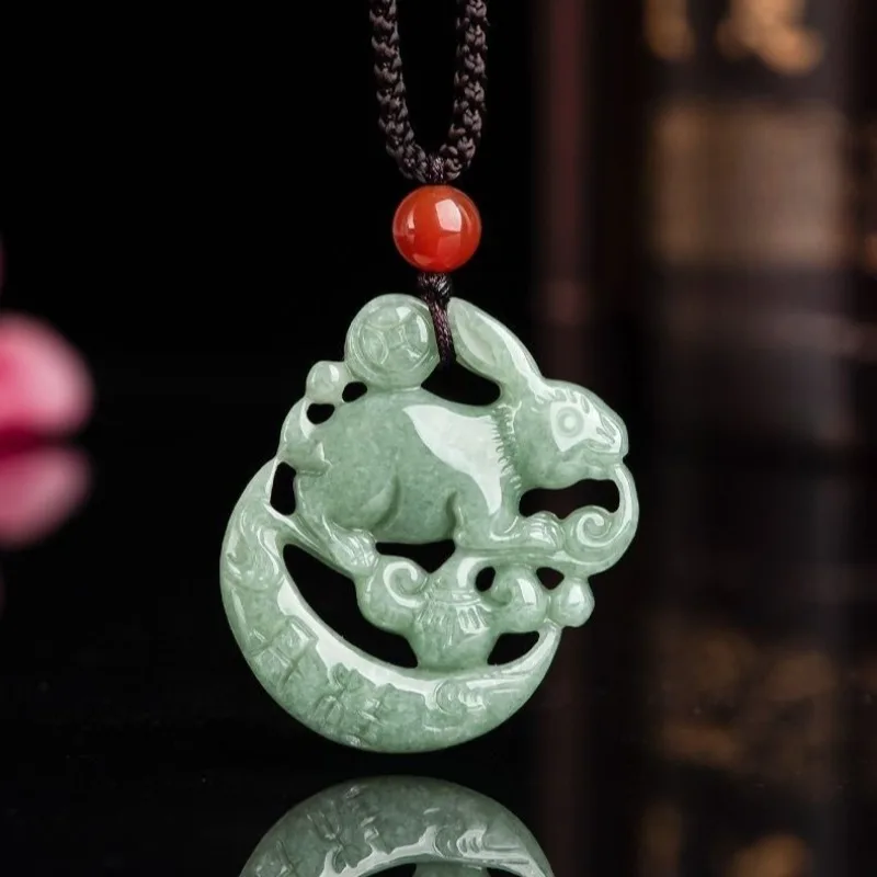 

Новый кулон из жадеита в виде кролика (знак зодиака), полностью зеленый, в простом стиле, цепочка для свитера, для мужчин и женщин