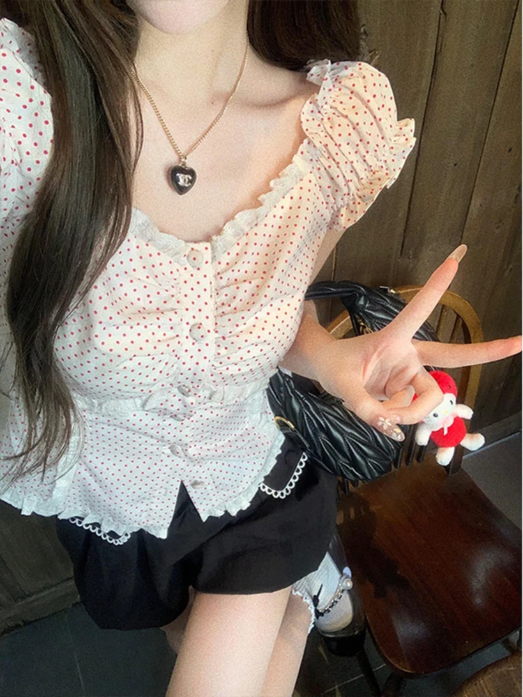 Dolce Polka Dot ort Sve irt Slim Fit ort Lunghezza Top ingombrante in vita Coreano Sle Bubble Sve Chiusura con bottoni V-Ne