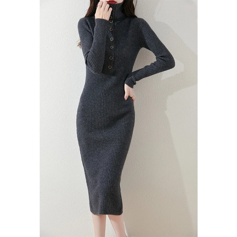 Autumn Winter Women Sweater Wool Dress Mock Neck Pullover Skirt 100% Merino Wool Knitwear Buttons Style Cashmere Chic Slim Skirt