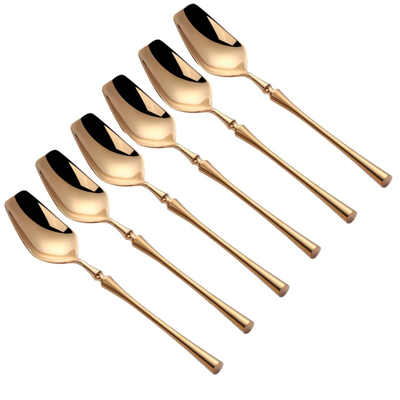 

6Pcs Stainless Steel Dinner Spoon Set Gold Dessert Tableware Dishes Mirror Polished Kitchen Cutlery Set Flat Head Square Head