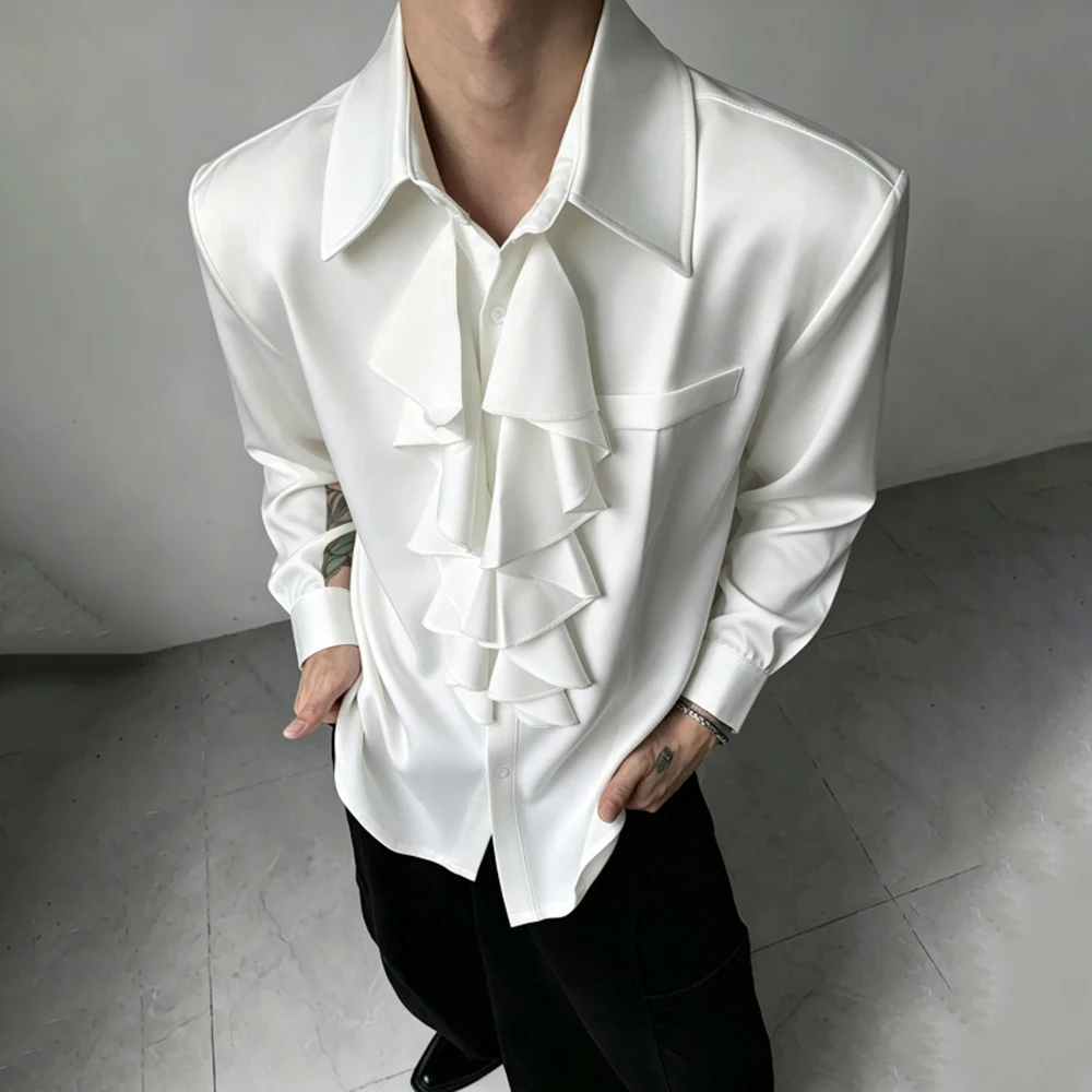 Mens Y2k Ruffle Collar Padded Shoulder Casual Shirt Streetwear Fashion Campus City Boy Youth Outdoor Daily Long Sleeve Top 2026