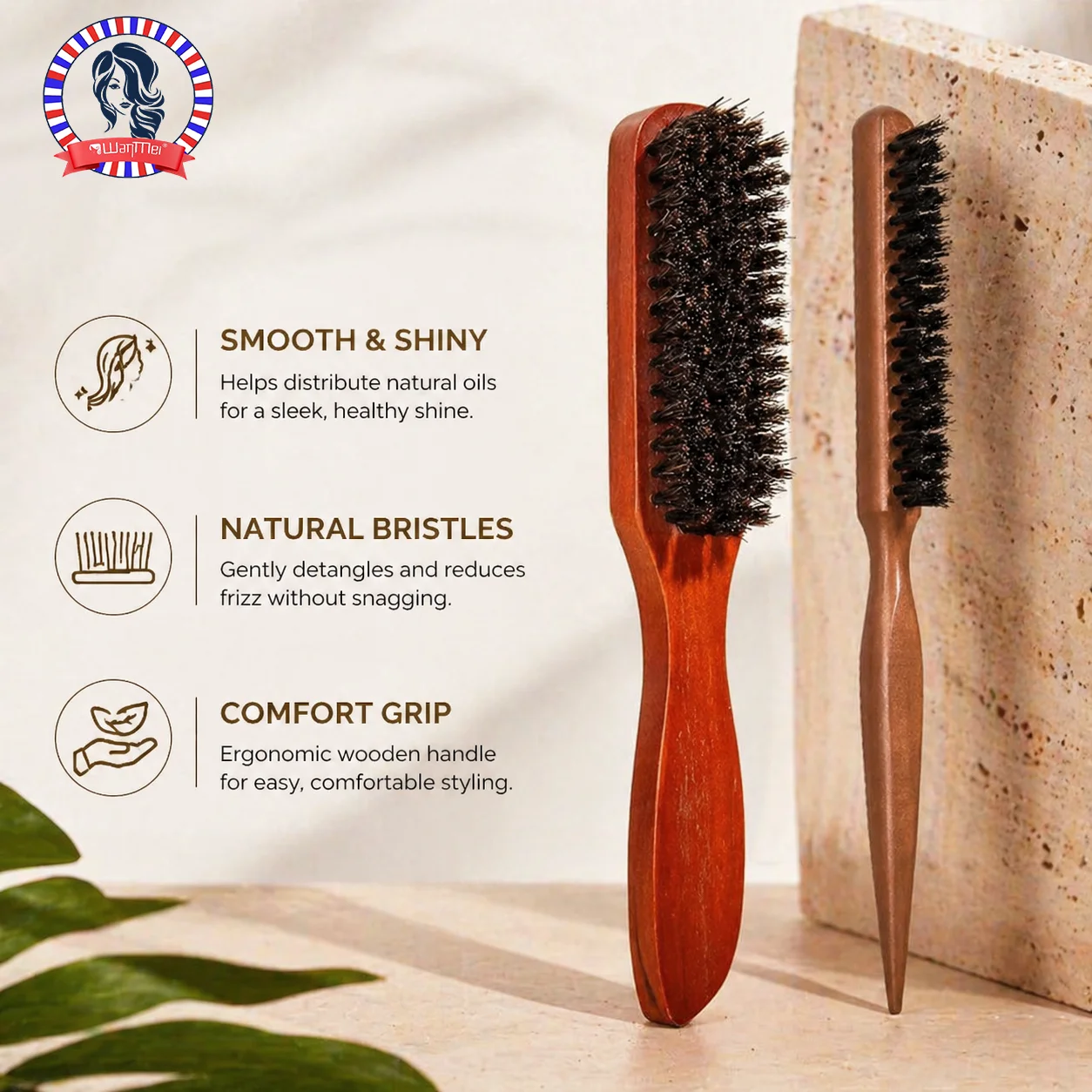 1/2Pcs Wooden Handle Bristle Hair Brush Set , Frizz-Reducing Scalp Massage Comb for All Hair Types