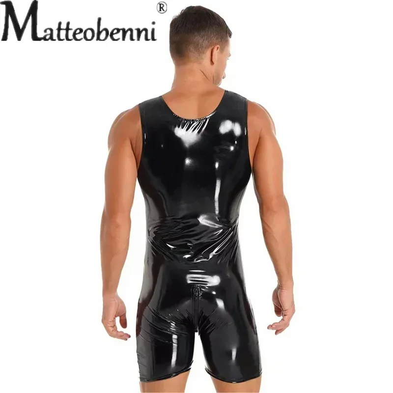 S-7XL Men Shiny PU Leather Two Way Zipper Open Crotch Bodysuit Sleeveless Wet Look PVC Slim Rompers Sexy Tight Cosplay Palysuits