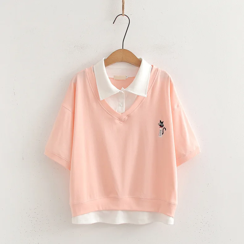 جديد 2025 الصيف القطن قصير الأكمام وهمية 2 قطعة تي شيرت ، المرأة التلبيب التطريز ، موري فتاة الحلو OL عادية فضفاض المحملة T56047CC