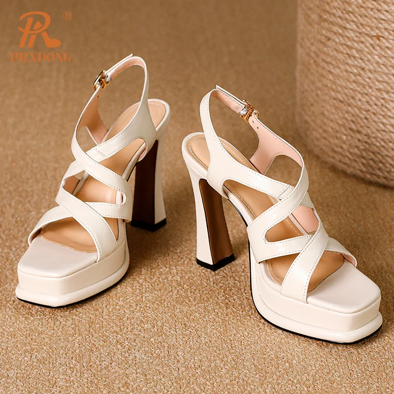 PRXDONG Genuine Leather Summer Sandals For Women Sexy High Heels PLatform Shoes Black Beige Dress Party Office Lady Pumps 34-39