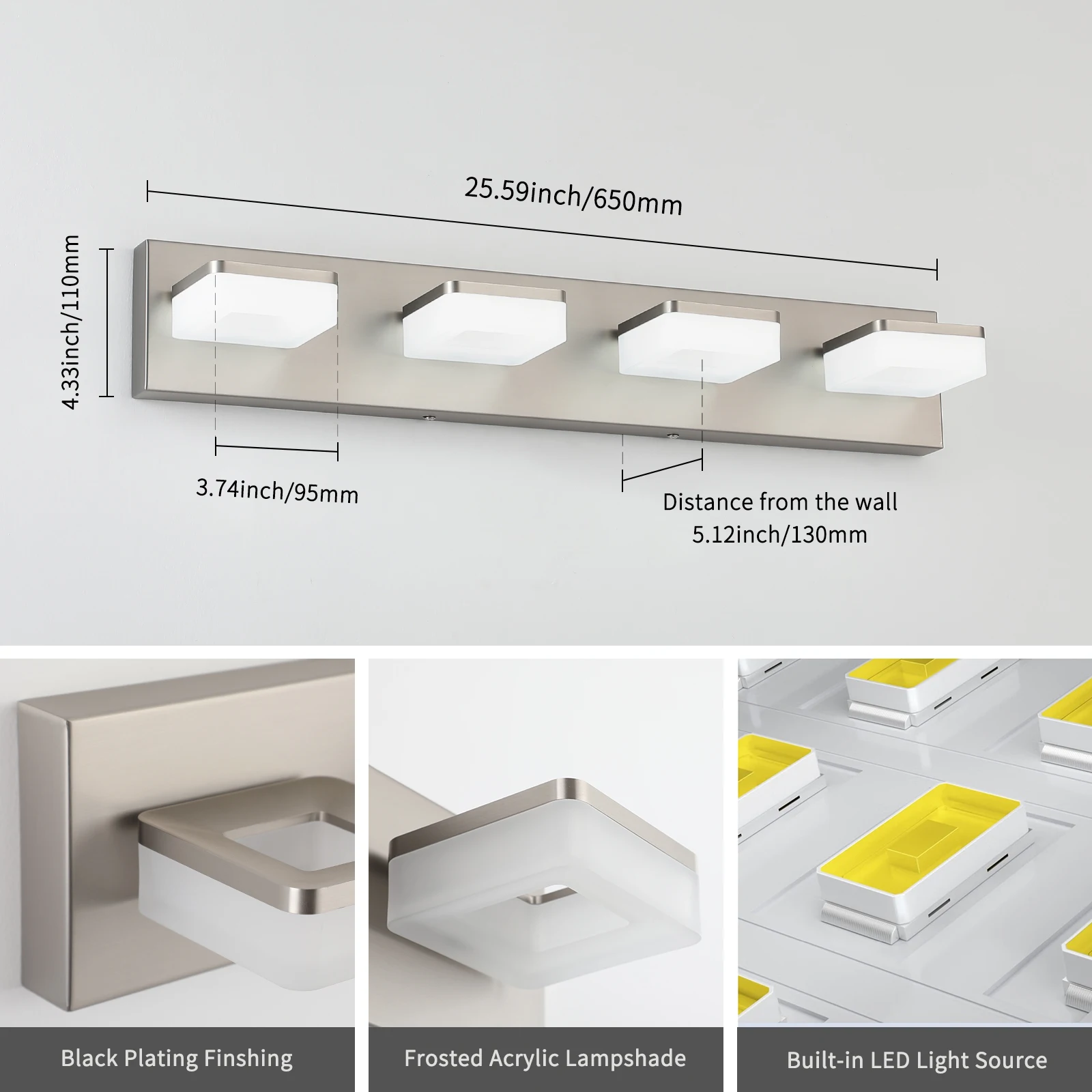 25.59인치 LED 모던 미러 헤드라이트, 360 °   회전 아트 조명, 아크릴 + 금속, 밝기 조절이 가능한 욕실 세면대 조명