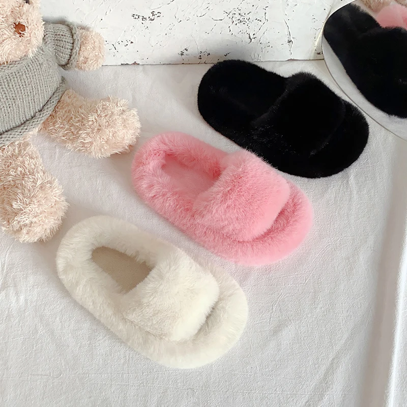 Children's Slippers Girls Open Toe Plush Fur Shoes Kids Soild Warm  Indoor Non Slip Rubber BottomMulti-style Cotton Slipper