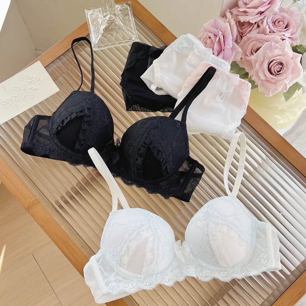 Women Sweet Lace Bra Set Summer Thin Cup Wireless Push Up Lingerie Comfort Non Steel Ring Support No Empty Cup Underwear 32-38AB