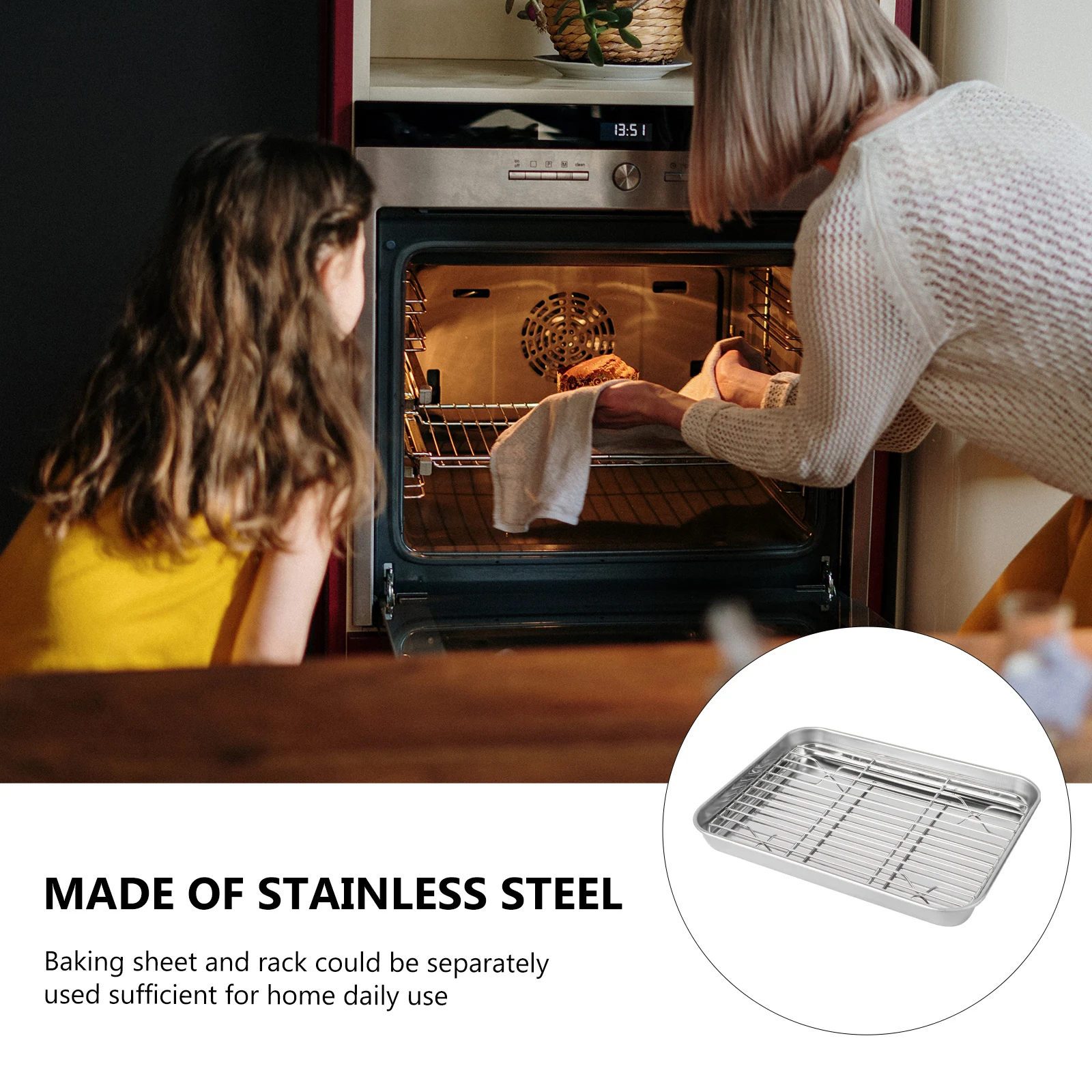 

Rectangular Stainless Steel Baking Tray Set 2 Pieces Draining Oil Baking Sheet Heavy Duty Smooth Surface Pan 23x17x2.5 Cm