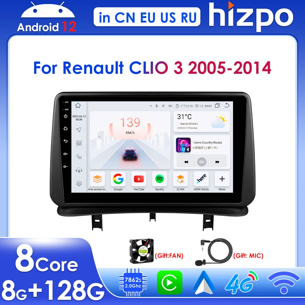 Hizpo Android Wireless Carplay for Renault CLIO 3 2005-2014 Car Stereo Multimedia Video Player GPS BT RDS 4G DSP Autoradio 2 Din