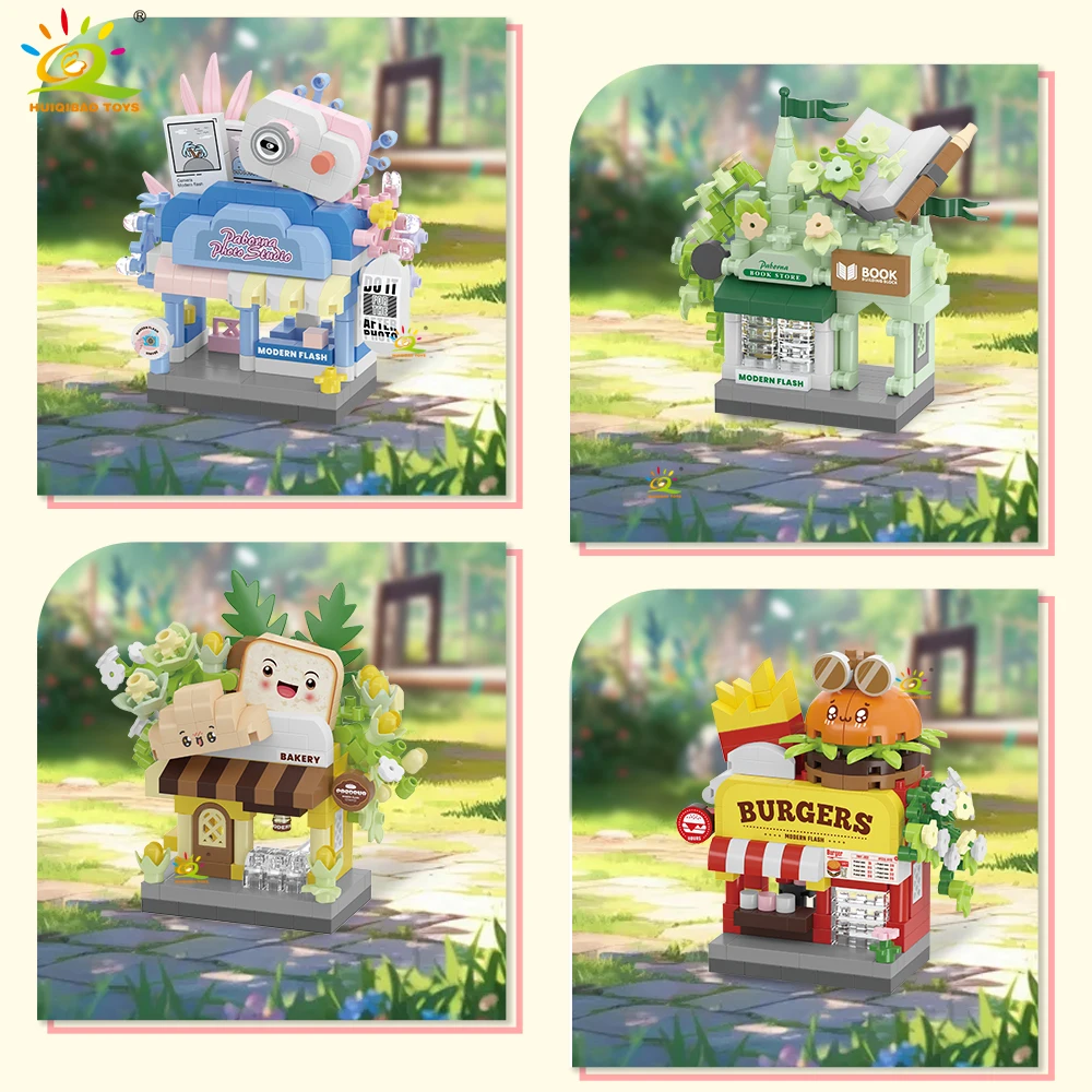 ตัวต่อไมโครบล็อก HUIQIBAO รุ่นร้านค้าน่ารัก แบบจำลองเบอร์เกอร์ ดอกไม้ทอด ของเล่นตัวต่อขนาดเล็กสำหรับเด็ก ตกแต่งโต๊ะทำงาน