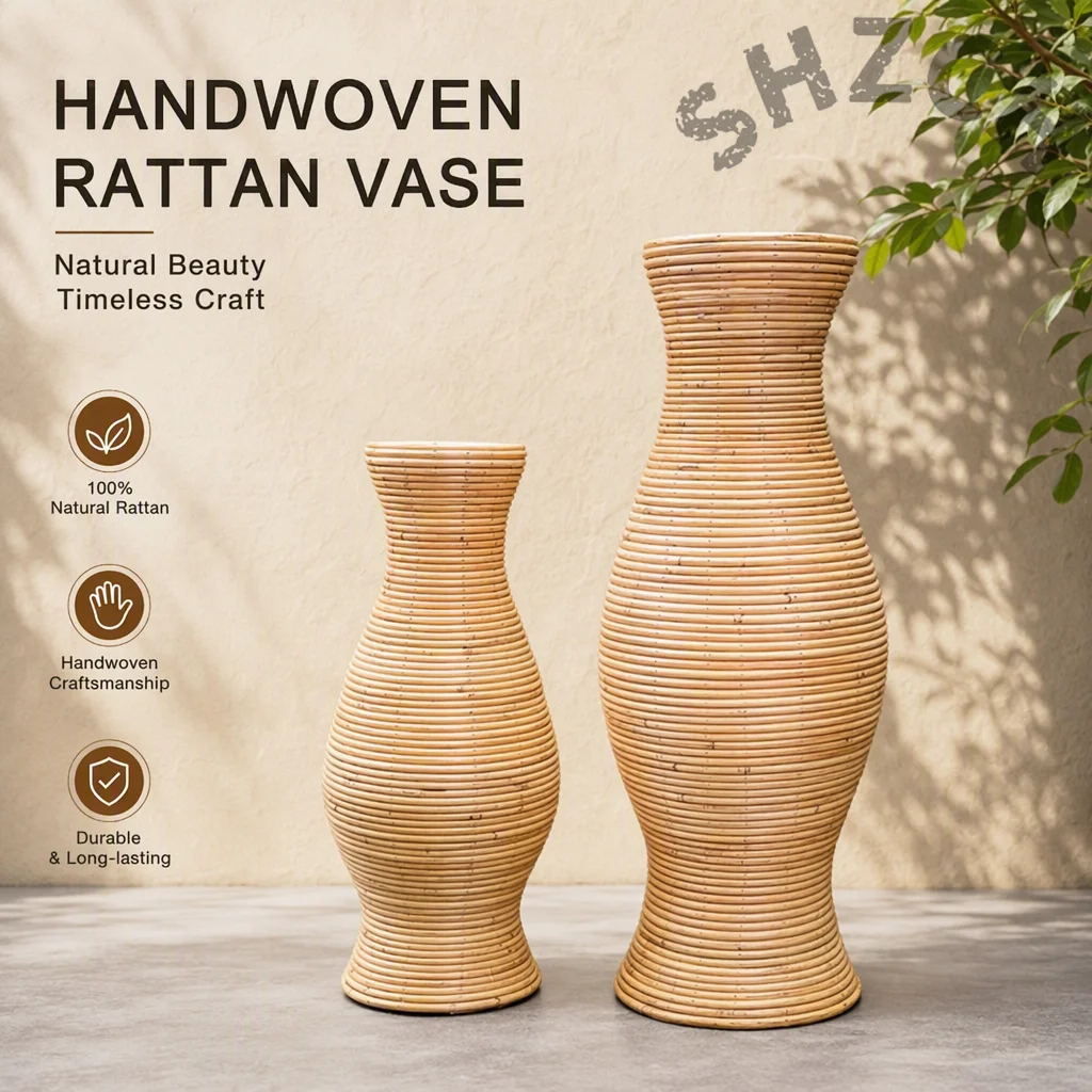 Large Woven Rattan Floor Vase – Boho Natural Standing Planter for Living Room, Eco-Friendly Home Decor