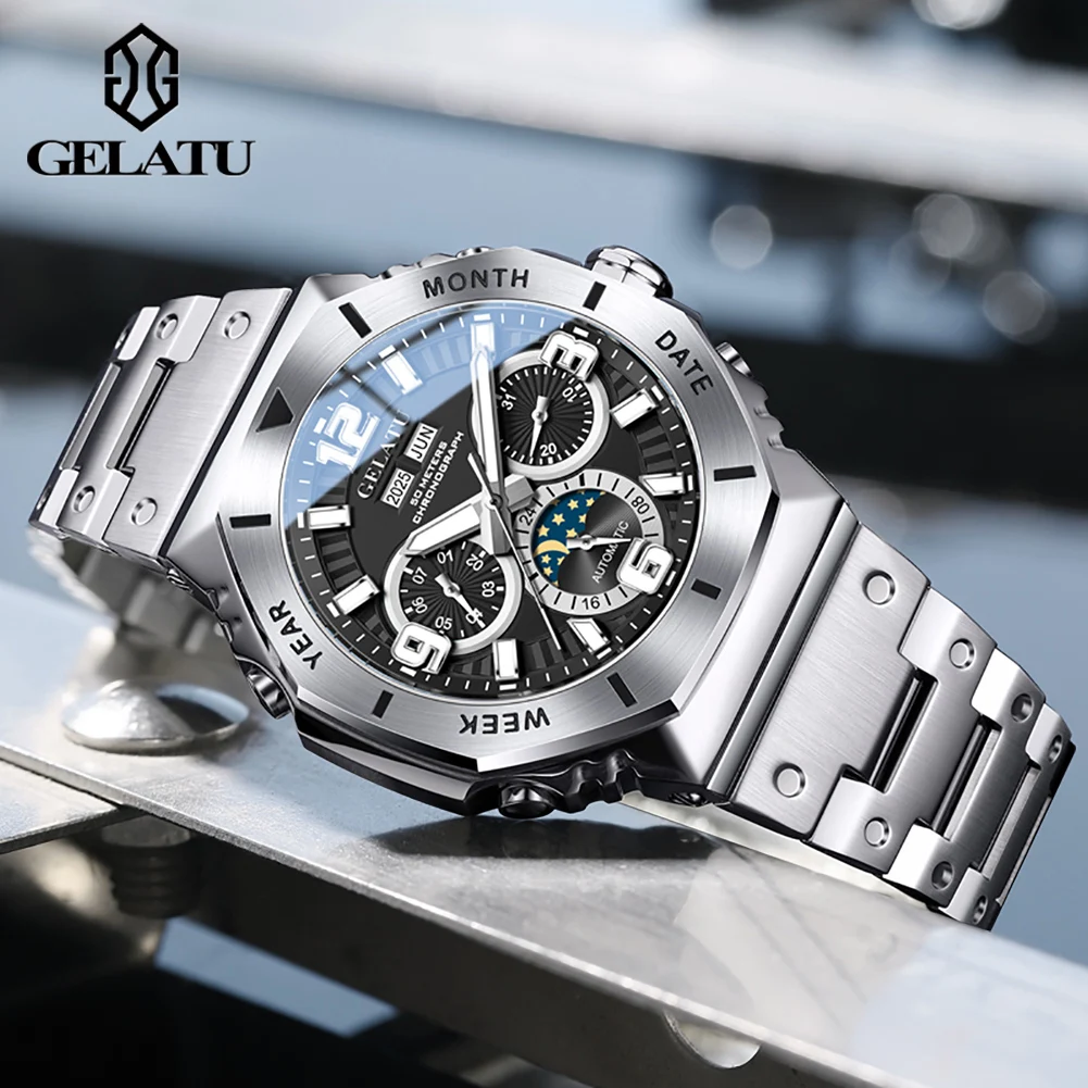 GELATU 6030 Mechanical Movement Watch For Men Multifunctional Dial Angular Design Night Light Function 50m Waterproof Watch