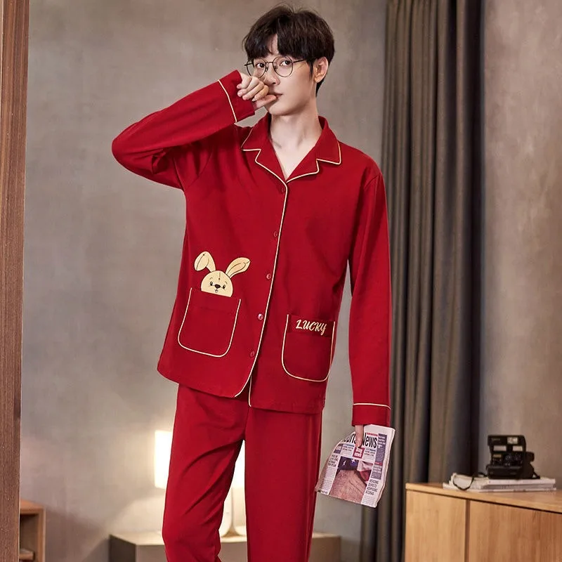 Cotton Men's Pajamas Spring Autumn Simple Cardigan Nightgowns Long Sleeves Sleepwear Suit Thin Loose Teenagers Home Clothes Set