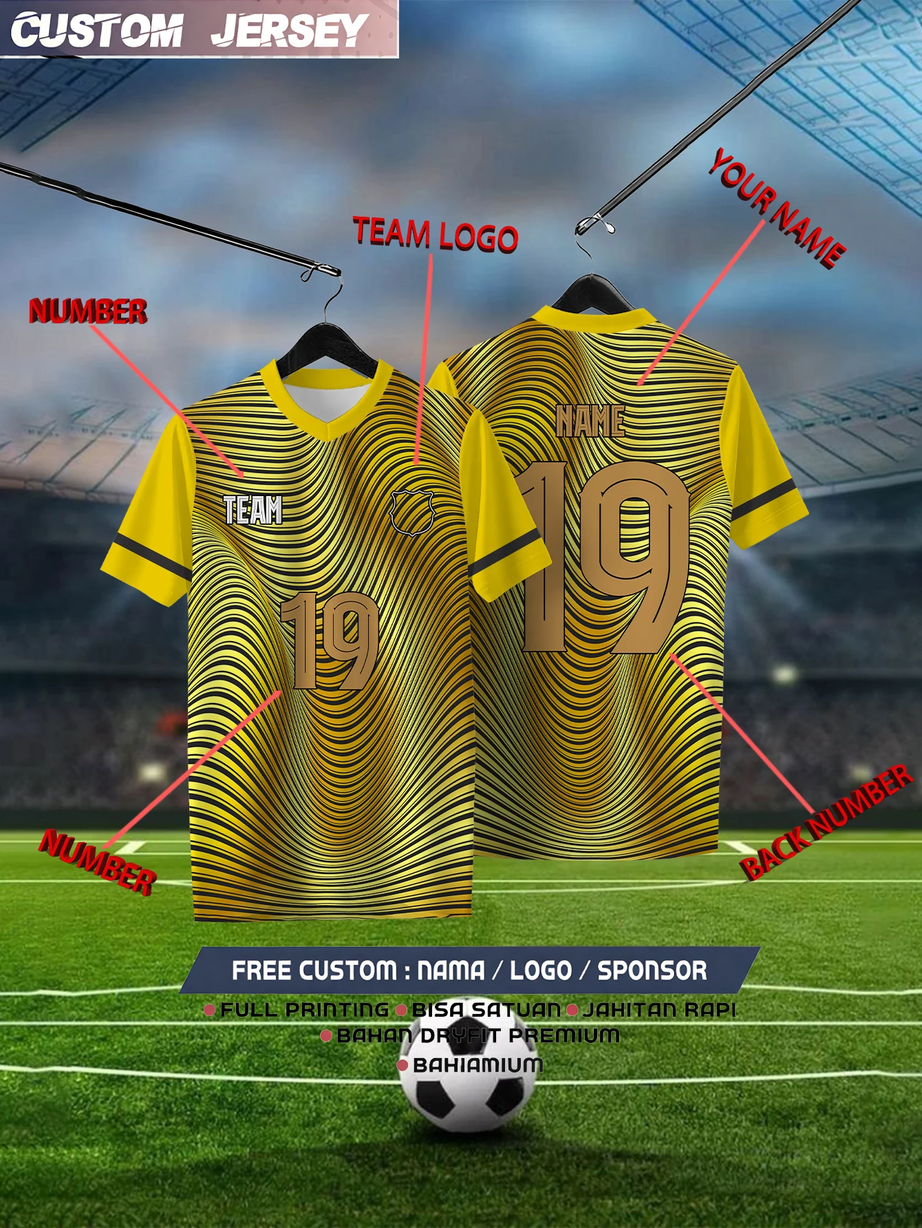 

Customized Geometric Yellow Short Sleeved Shirt with Team Name, Emblem, Name and Number, Outdoor Sports Short Sleeved T-shirt