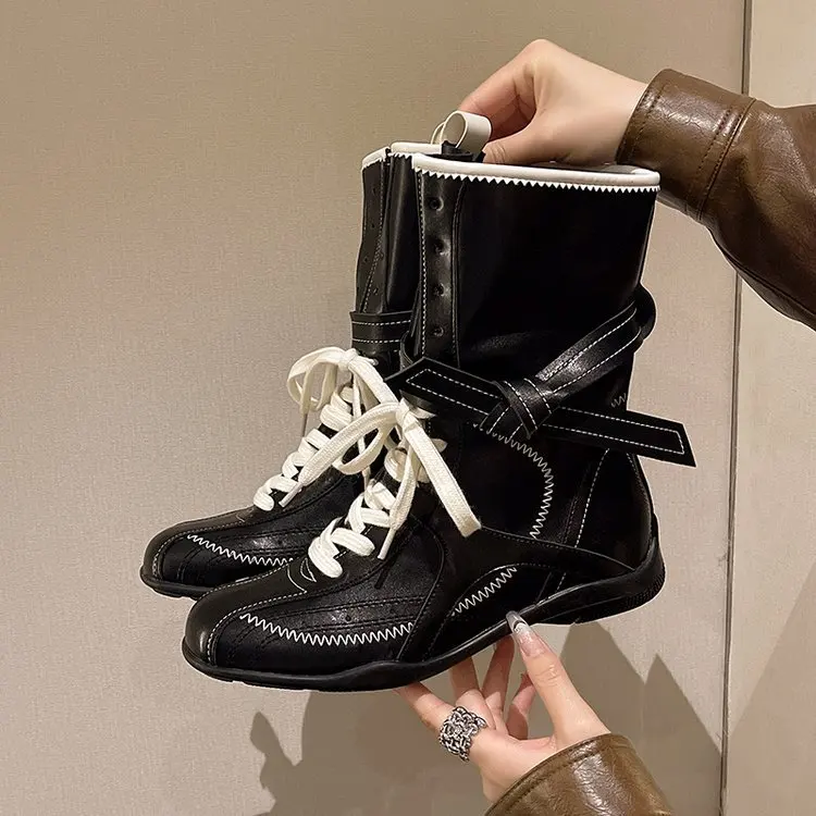 

Luxury Vintage Booster Boots Women's Fall Autumn Winter Boxing Frosted Leather Lace-up Ankle Boots Zapatos De Mujer Hot Selling