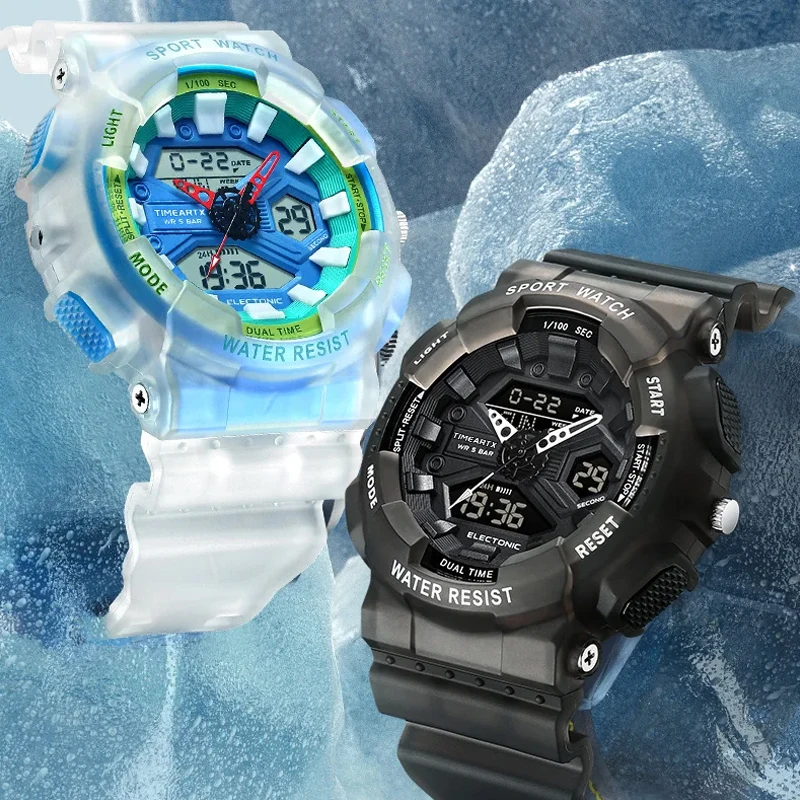 ساعة Timeartx 4370 LED الرقمية الإلكترونية المقاومة للماء، ساعة رياضية رجالية عصرية للأعمال، حزام مطاطي شفاف