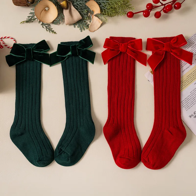 Kids Christmas Girls Socks Autumn Winter Toddlers Red Bowknot Baby Knee High Long Sock Soft Cotton Children Socken For 0-5 Years