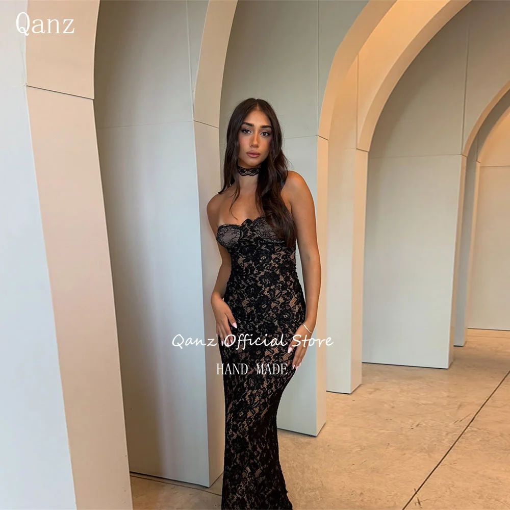 

Qanz Modest Black Lace Evening Dresses Sweetheart Mermaid Flesh Colored Lining Party Dresses Woman Robes De Soirée Customized