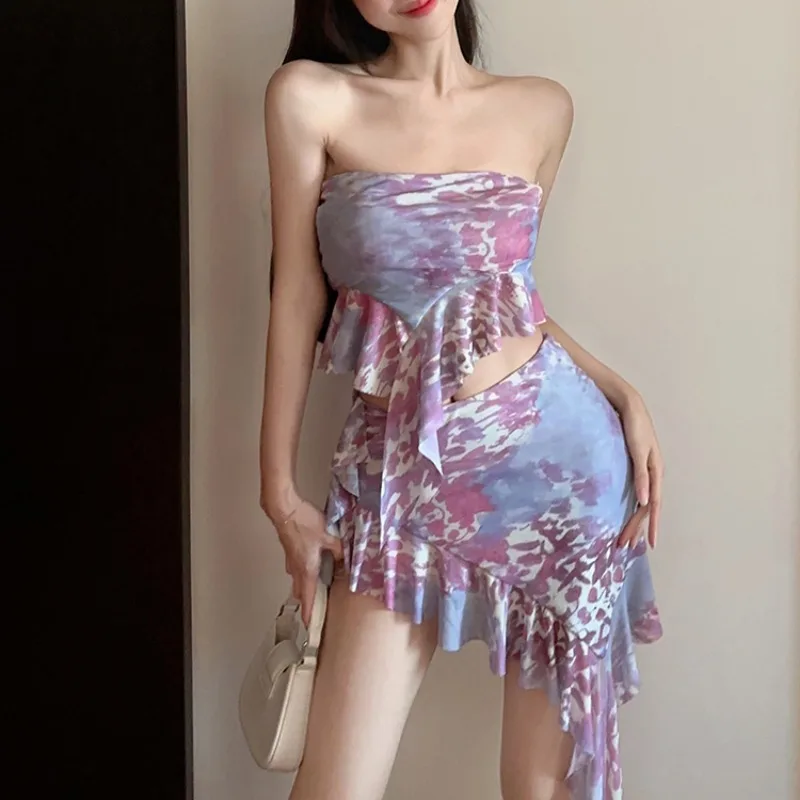 

Spicy Girl Irregular Strapless Two-piece Sets Sweet Fashion Printed Camis and Drape Skirt Sets Summer Dress Conjuntos De Falda