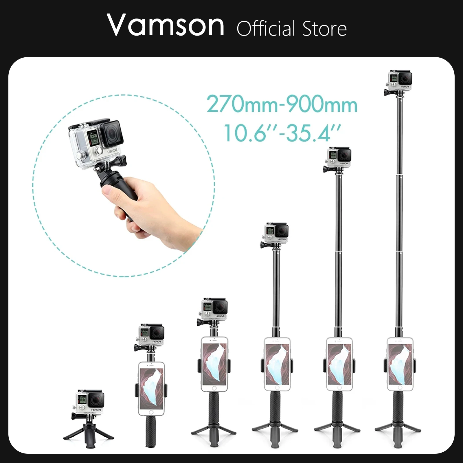 Vamson for Gopro Accessories Tripod Monopod Adjustable Selfie Stick for GoPro Hero 8 7 6 5 for Xiaomi Yi SJCAM for Phone VP422