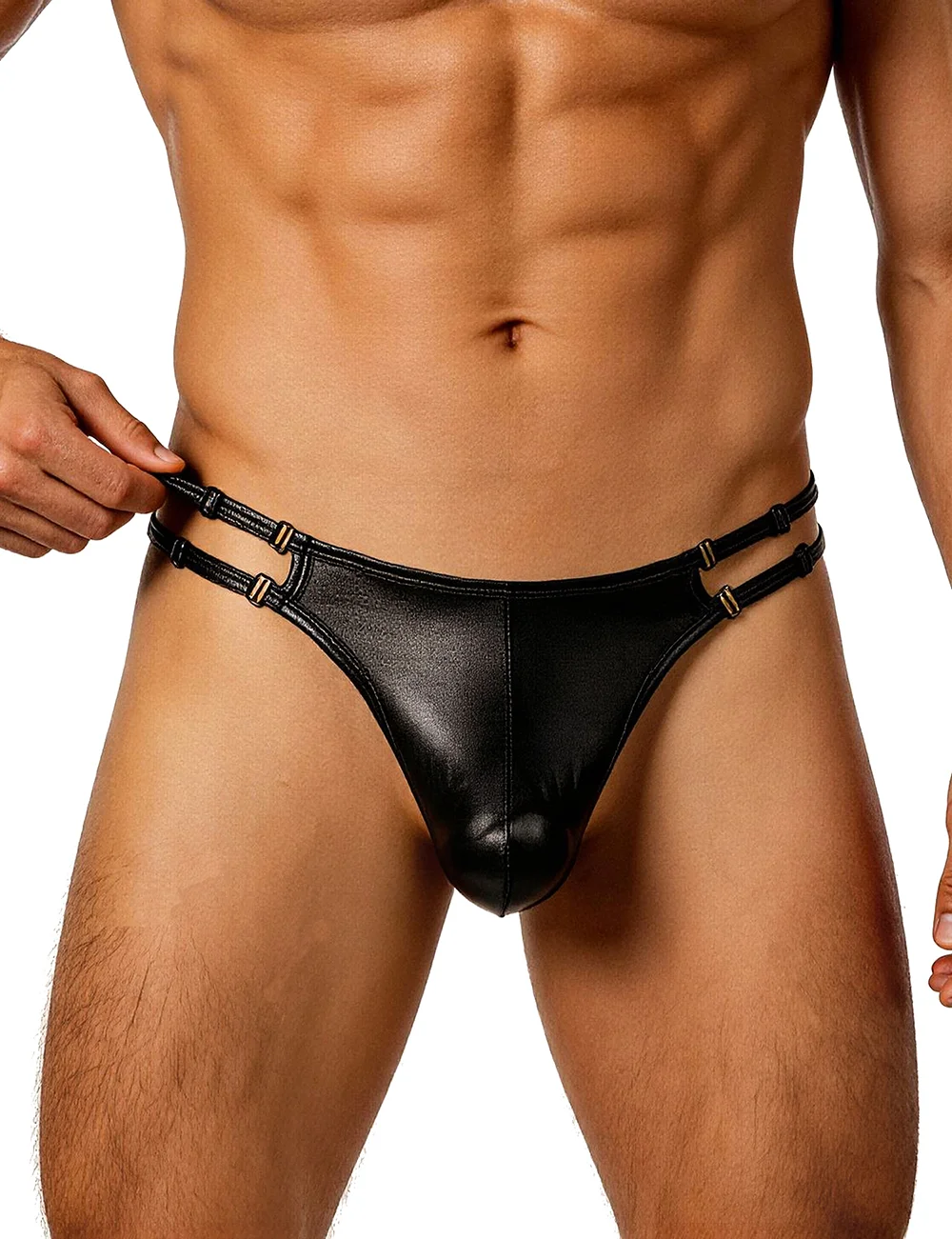 Gold Faux Leather Thong for Men Sexy U-Shaped Pouch Adjustable Double Straps Low Rise Underwear Plus Size S-XL view 3