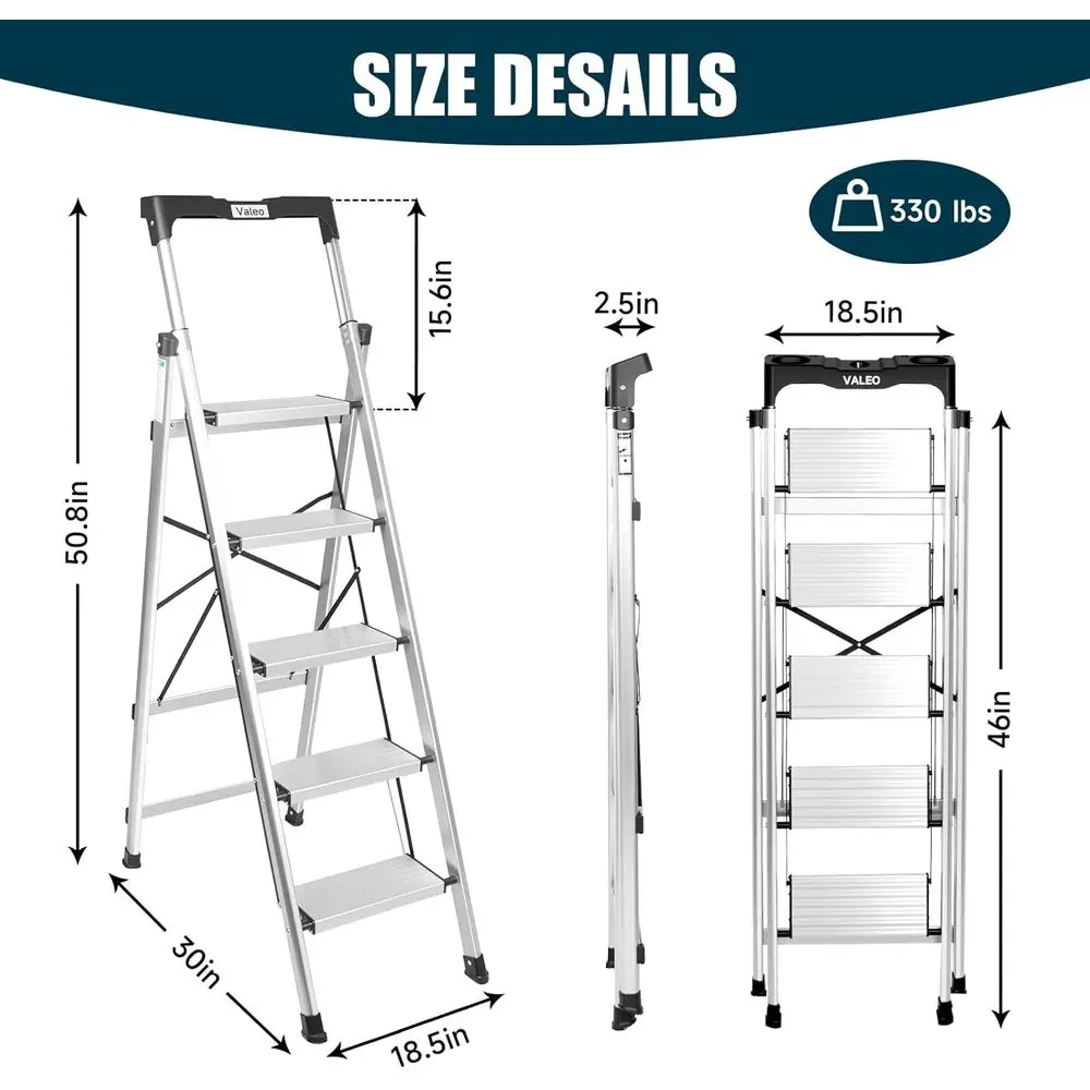 Échelle pliante en aluminium à 5 marches avec poignée, marches antidérapantes, charge de 330 lb, aide compacte pour cuisine/garage, portable, argent