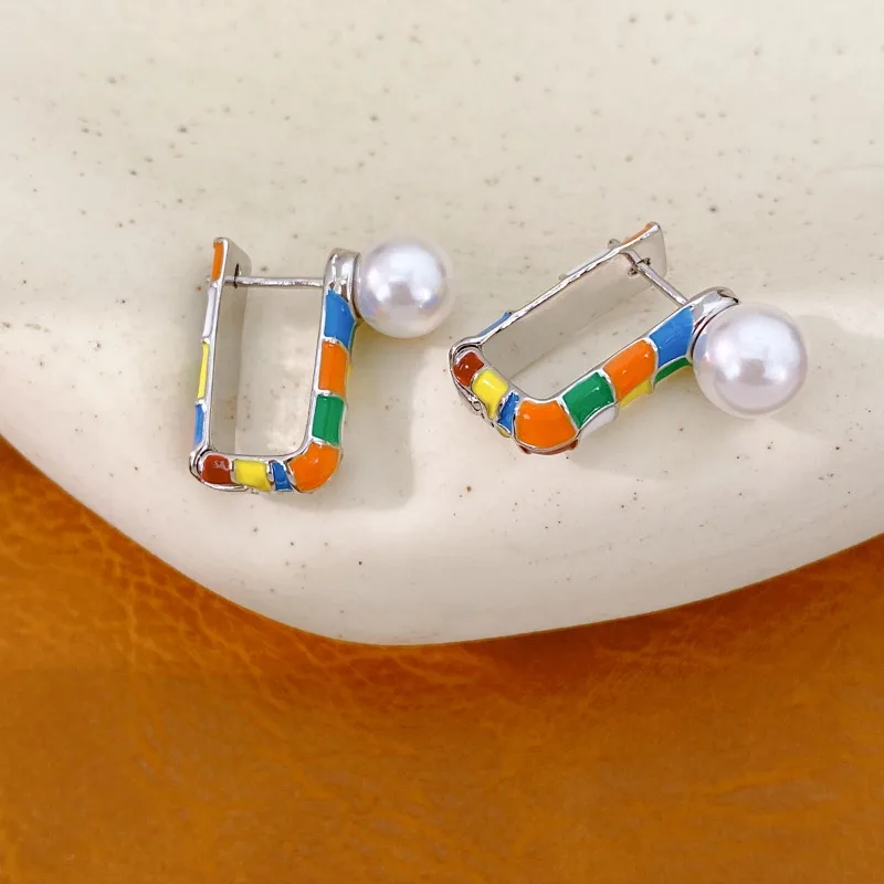 Colorful Oil Drip Rectangle Faux Pearl Stud Earrings for Women Geometric Square Frame Trendy Ear Jewelry Gift