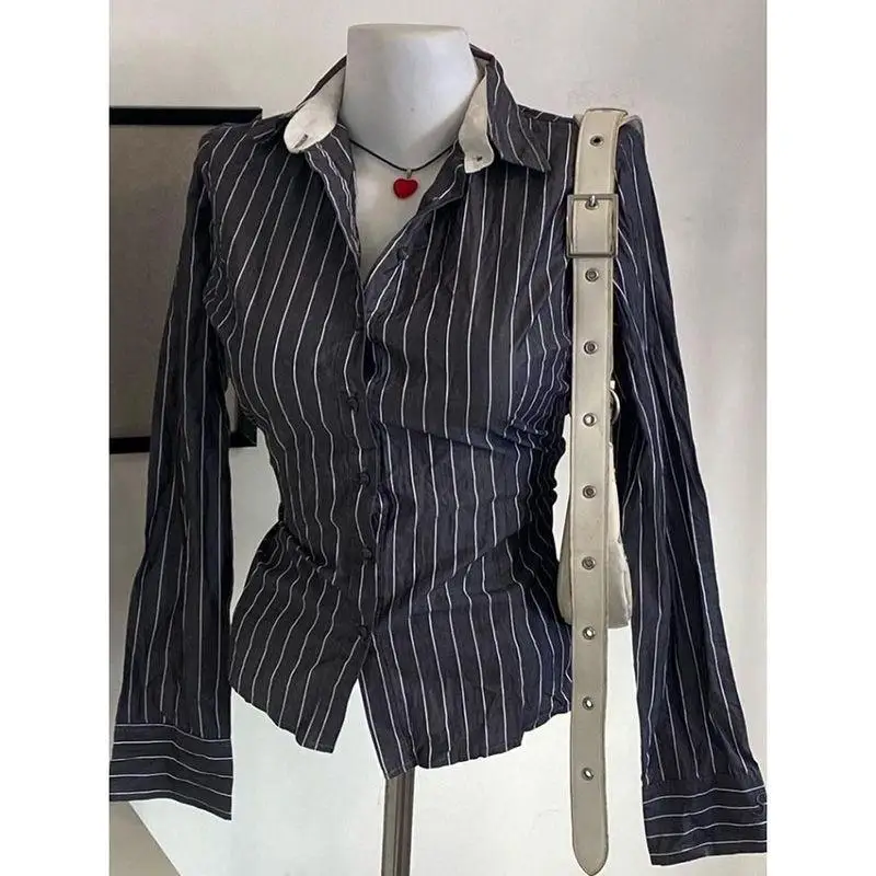 Camicetta con risvolto a righe tinta unita retrò Hot Girl Donna Estetica Y2k High Street Camicia slim American Vintage Fashion Abito a maniche lunghe