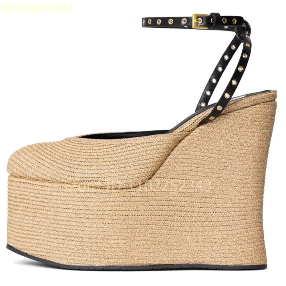 Grass Woven Platform Women Summer Sandals Shallow Ankle Strap Super High Heel Wedges Sandals 2025 New Linen Round Toe Sandals - Image 3