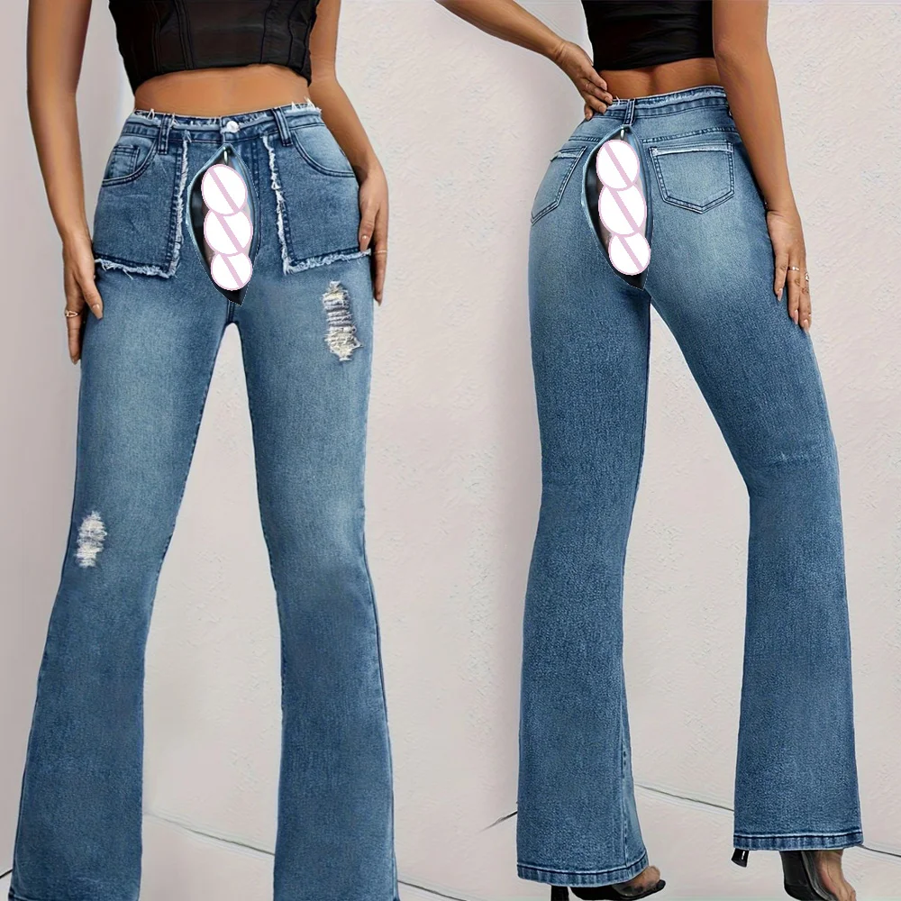 

High Waist Denim Open Crotch Outdoor Sex Erotic Pants Patchwork Pocket Fashion Sexy Bell-Bottom Pants Boyfriend Jeans Trousers